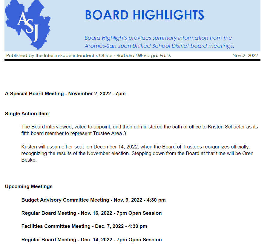 ASJUSD Board Highlights Nov 2, 2022