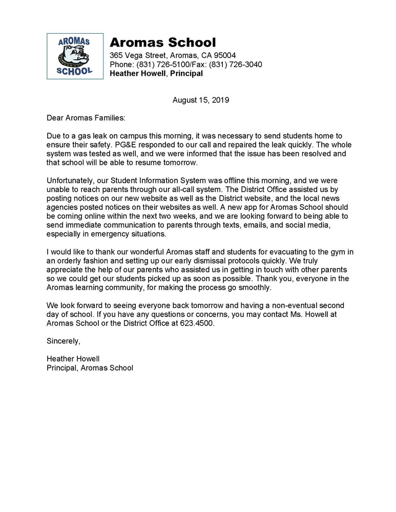 Parent Letter Regarding Today's Gas Leak