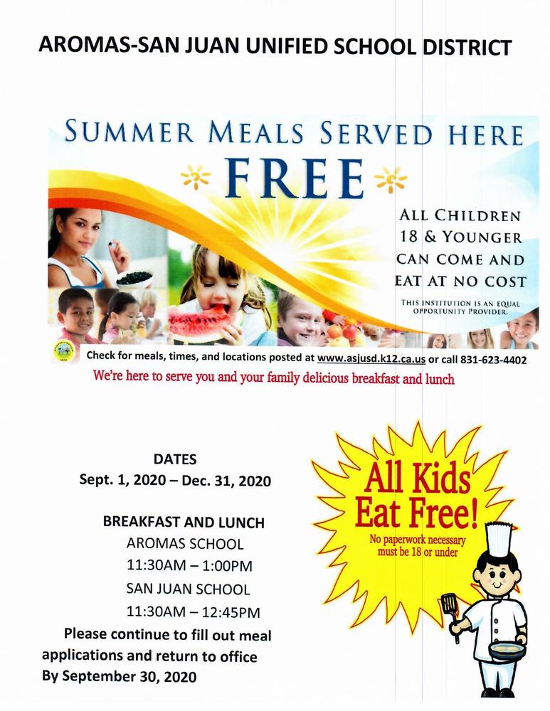 FREE BREAKFAST AND LUNCH TO ALL CHILDREN IN AROMAS DURING DISTANCE LEARNING
