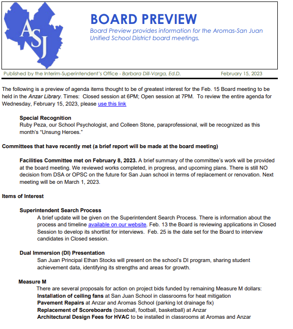ASJUSD Board Meeting Preview 2/15/23