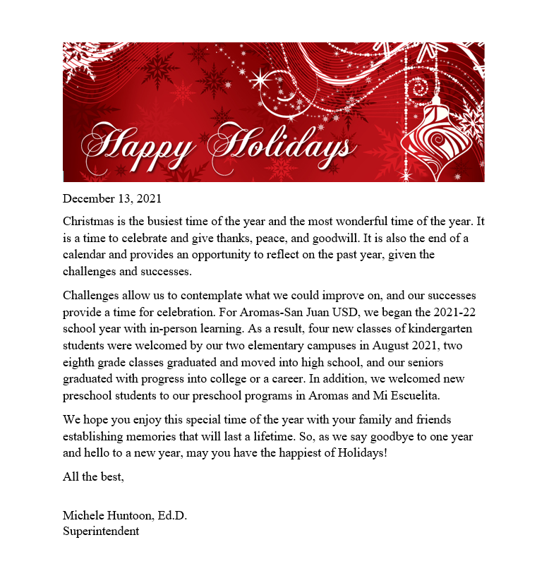 Holiday Message from Superintendent Huntoon
