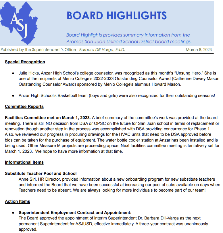 ASJUSD Board Highlights 3/8/2023