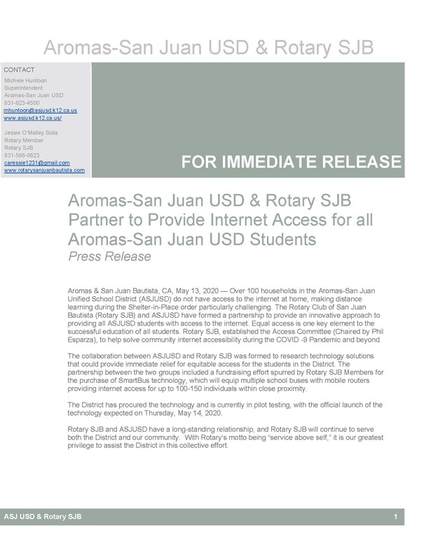 Aromas-San Juan USD & Rotary SJB Partner to Provide Internet Access for All Aromas-San Juan USD Students