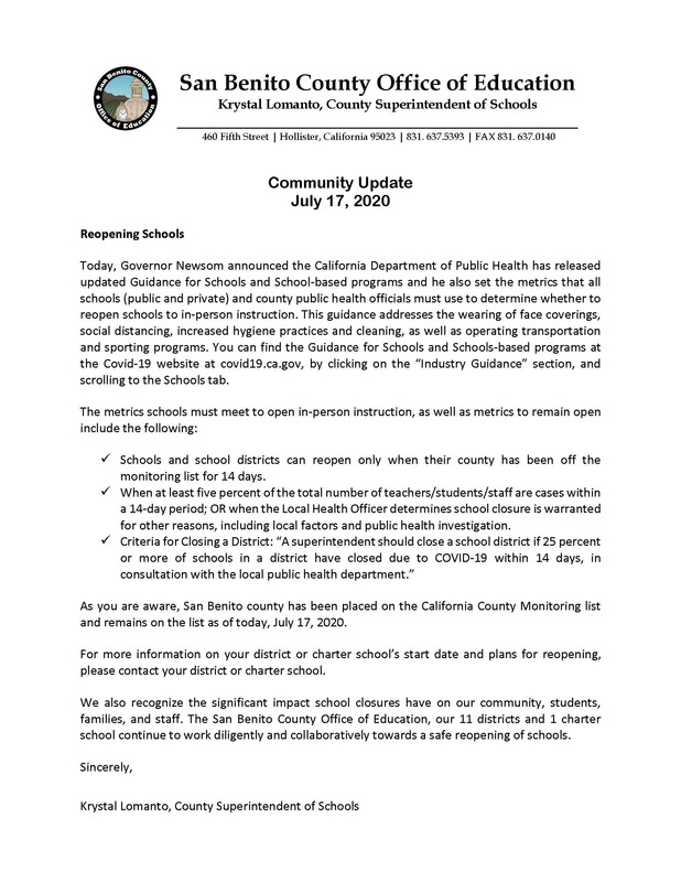 Reopening of Schools Update - July 17, 2020