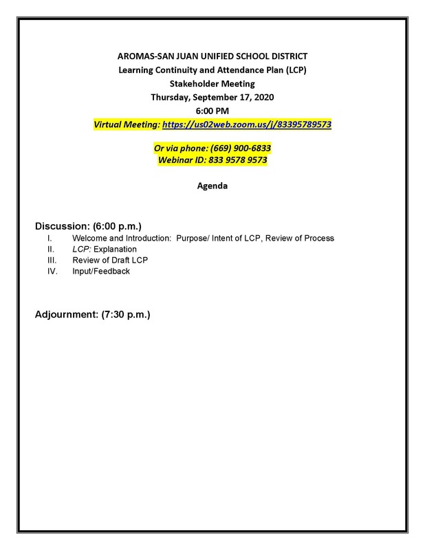 Learning Continuity & Attendance Plan (LCP) Stakeholder Meeting