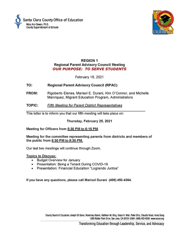 Regional Parent Advisory Council Meeting- February 25, 2021