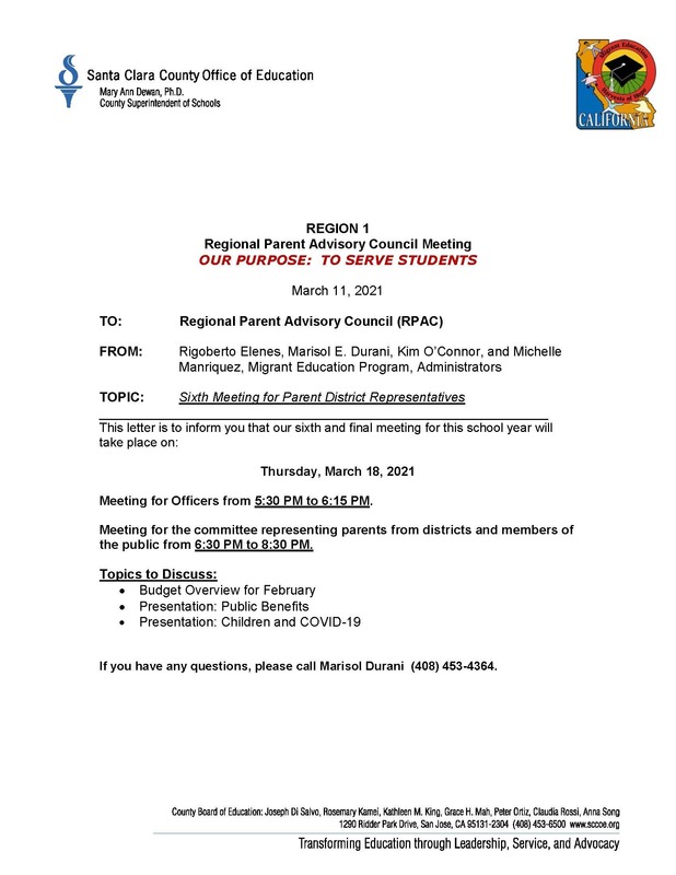 Regional Parent Advisory Council Meeting-March 18, 2021