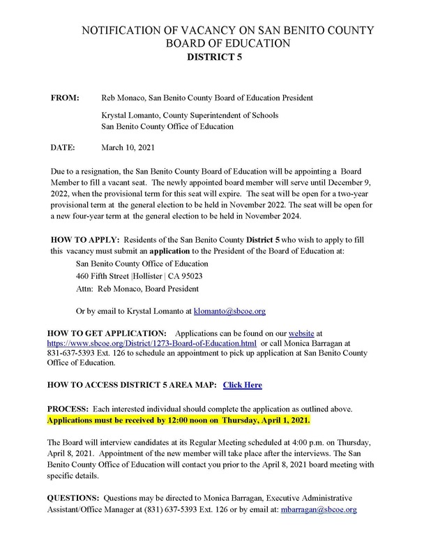 Notification of Vacancy-San Benito County Board of Education