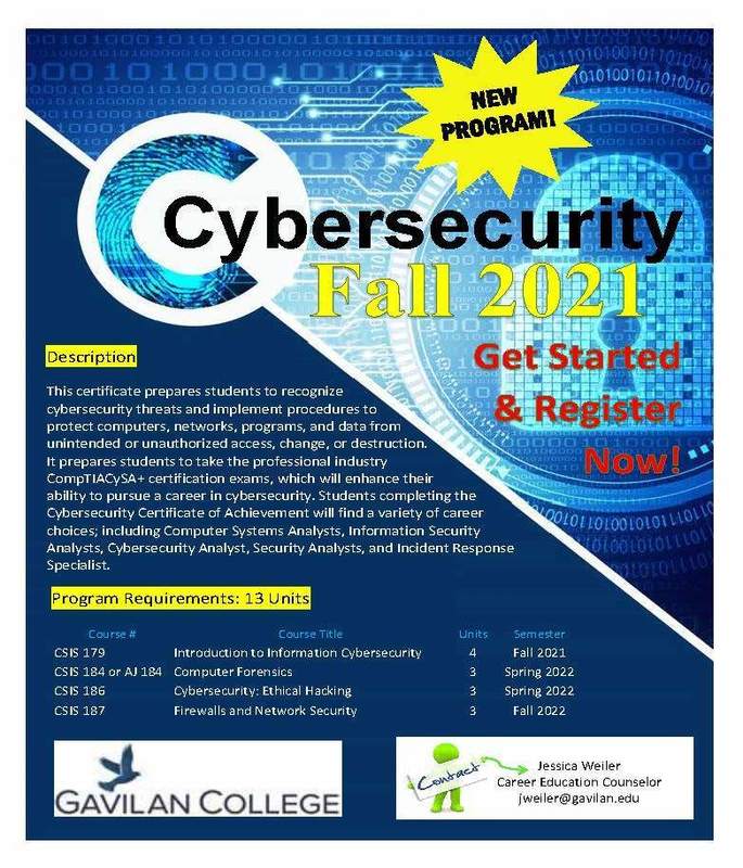 Fall 2021 Gavilan College Cyber Security Certificate Program