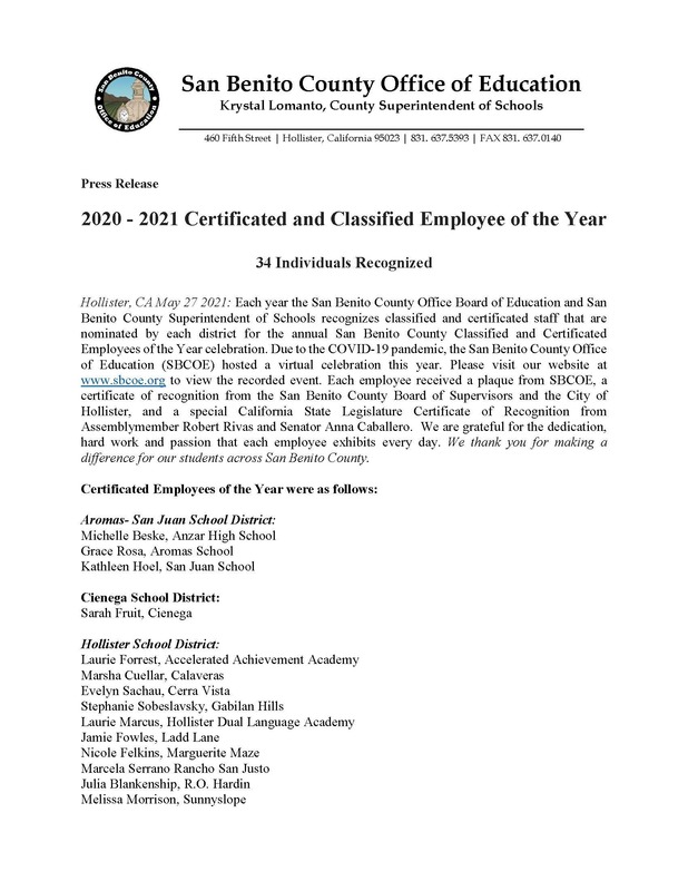 San Benito County Press Release - Employees of the Year