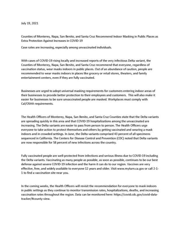 Press Release: Recommendation for Indoor Masking in Public Places as Extra Protection Against Increases in COVID-19